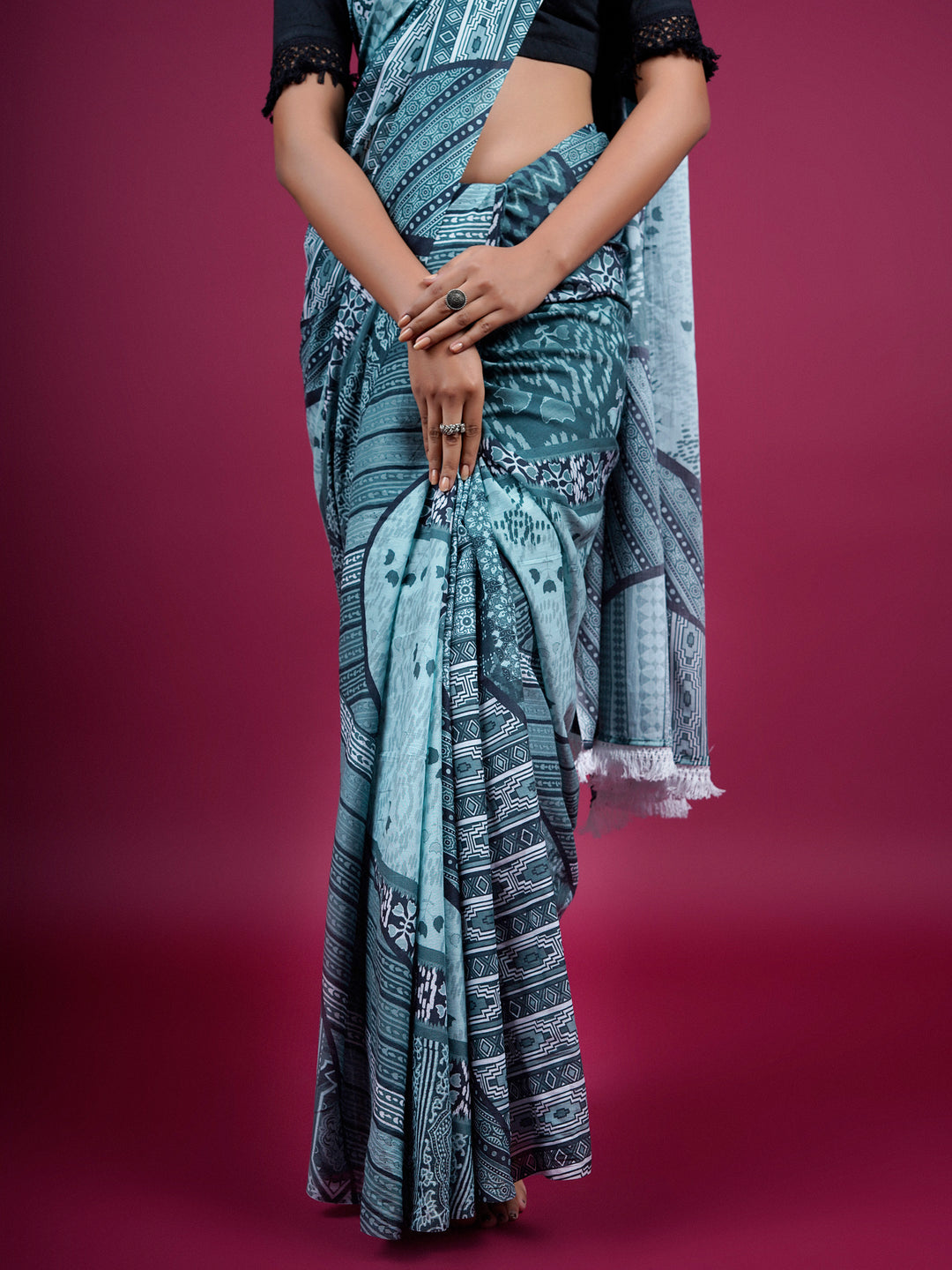 Buta Buti Patch Work Ethnical Printed Cotton Saree With Tassels Saree