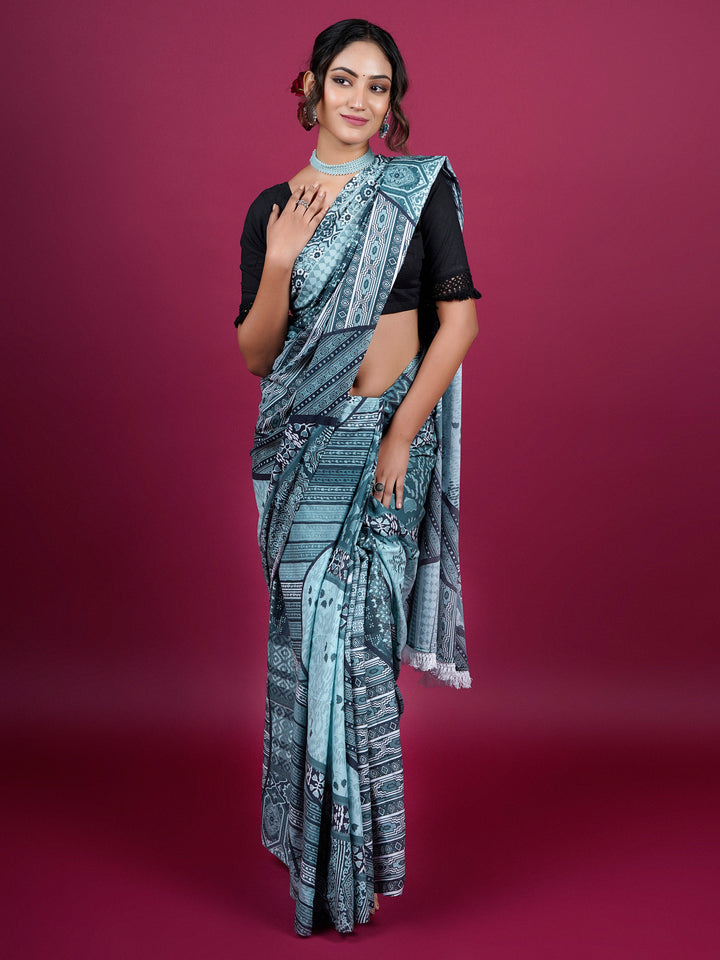 Buta Buti Patch Work Ethnical Printed Cotton Saree With Tassels Saree