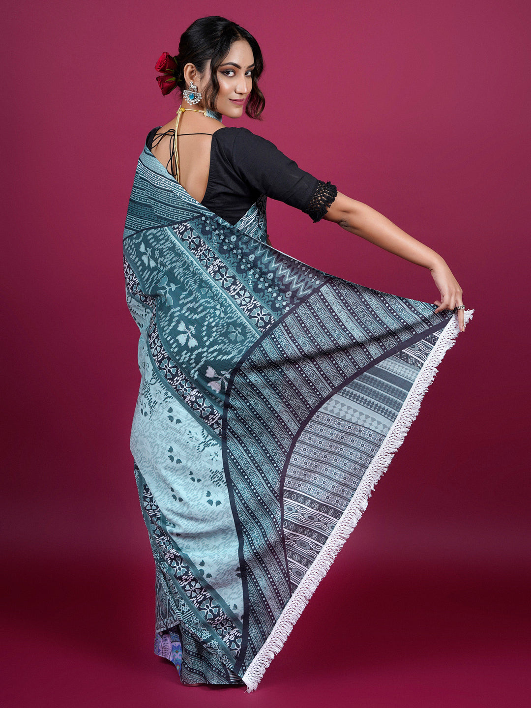 Buta Buti Patch Work Ethnical Printed Cotton Saree With Tassels Saree