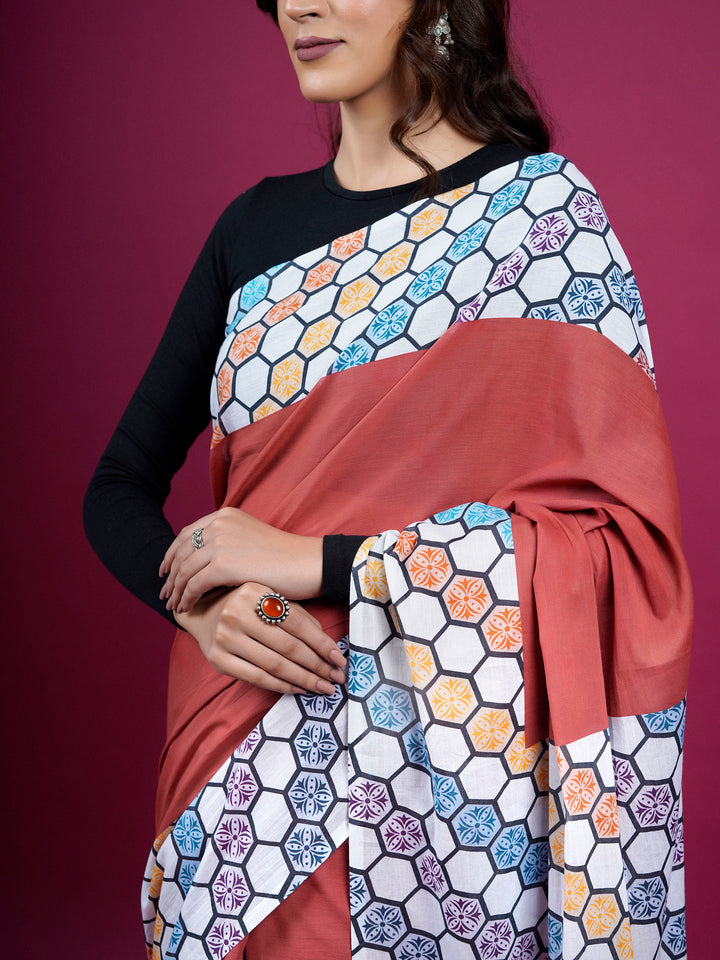 Buta Buti Color Block Printed Cotton Saree With Tassels Embelishment