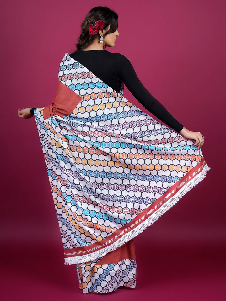 Buta Buti Color Block Printed Cotton Saree With Tassels Embelishment