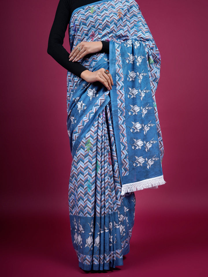 Buta Buti Floral and Pixel Printed Cotton Saree With Tassels Embellishment