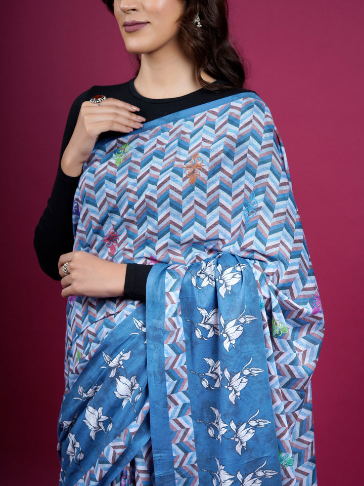 Buta Buti Floral and Pixel Printed Cotton Saree With Tassels Embellishment