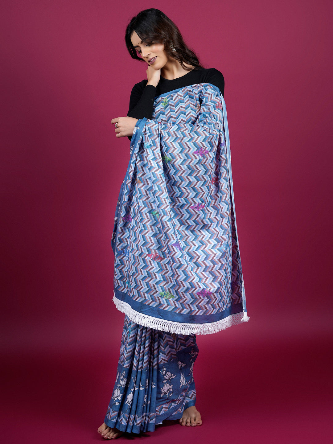 Buta Buti Floral and Pixel Printed Cotton Saree With Tassels Embellishment