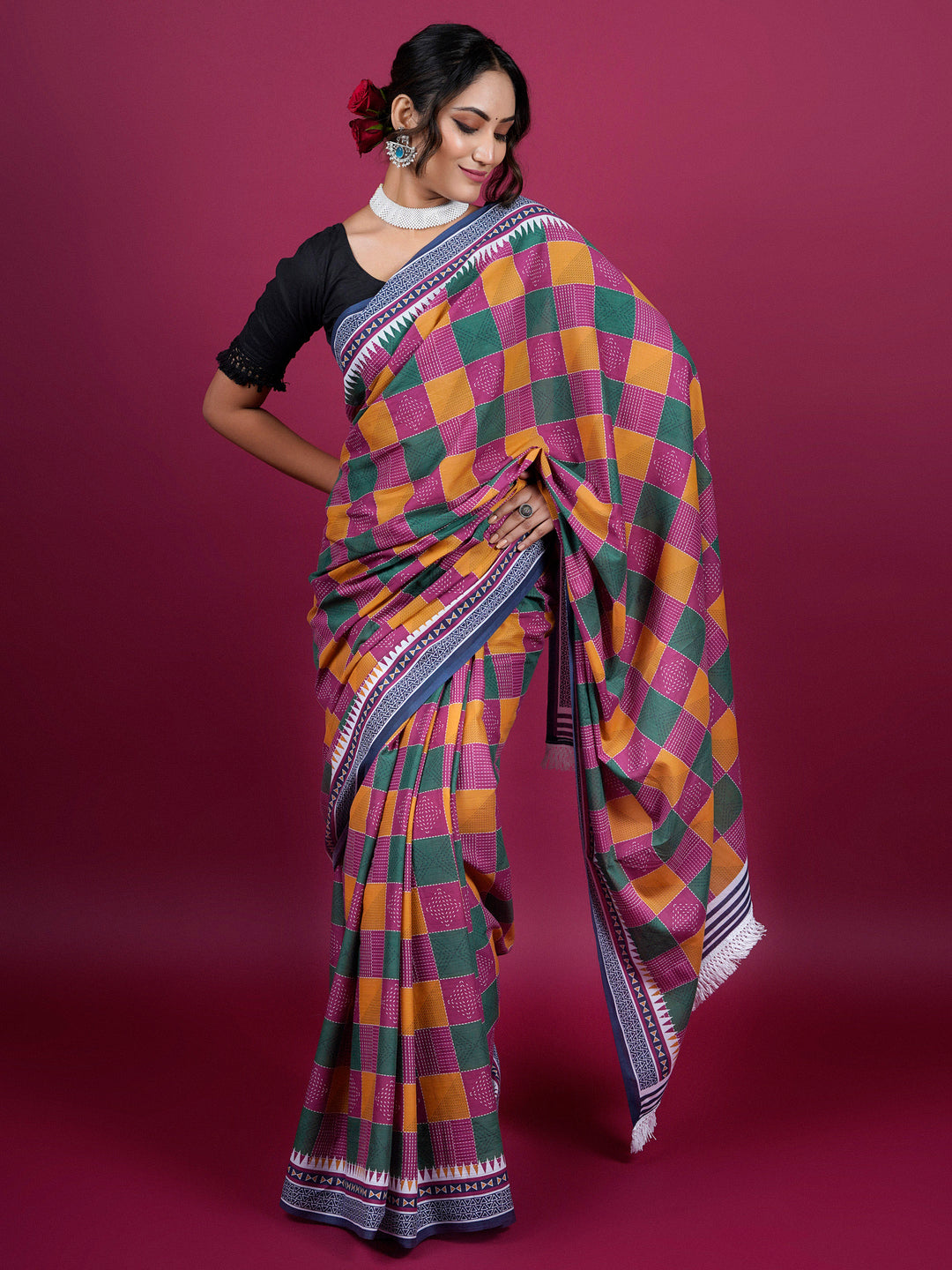 Buta Buti Checked Printed Cotton Saree With Tassels Embellishment