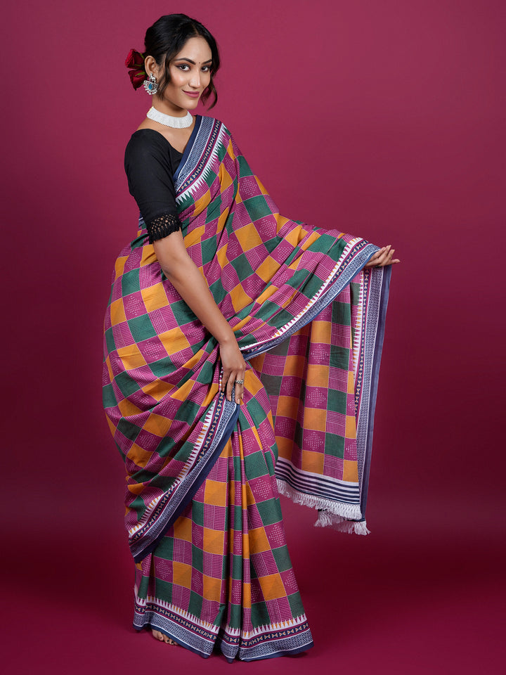 Buta Buti Checked Printed Cotton Saree With Tassels Embellishment