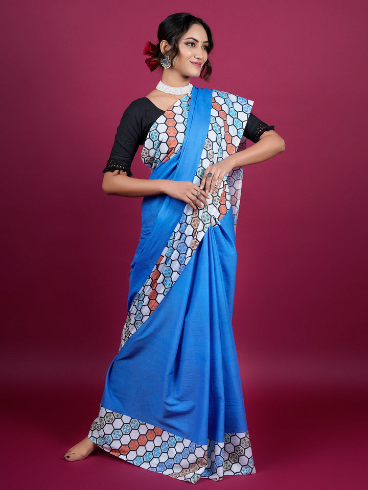 Buta Buti Color Block Printed Cotton Saree With Tassels Embelishment