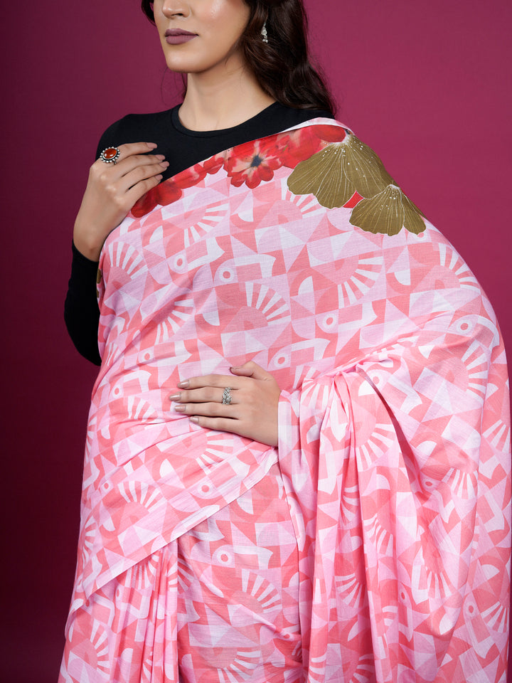 Buta Buti Floral and Geometric Printed Cotton Saree With Tassels Embellishment