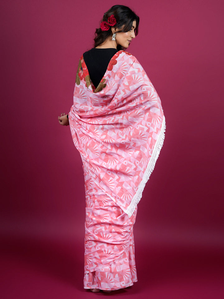 Buta Buti Floral and Geometric Printed Cotton Saree With Tassels Embellishment