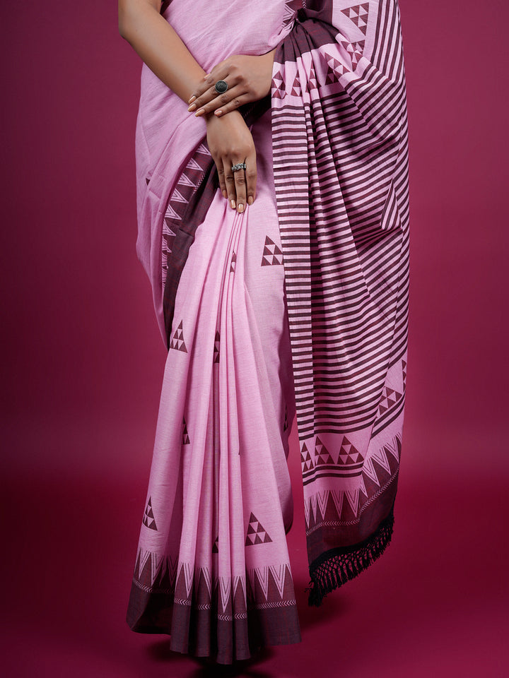 Buta Buti Geometrical Striped Printed Cotton Saree With Tassels Embellishment