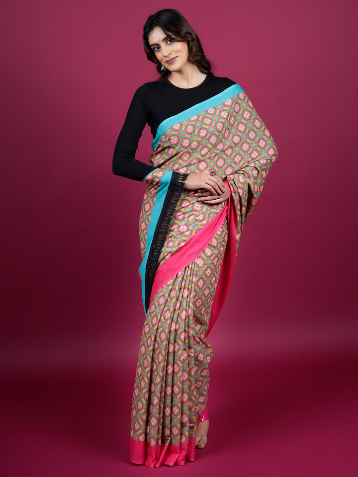 Checked Cotton Saree with Tassels