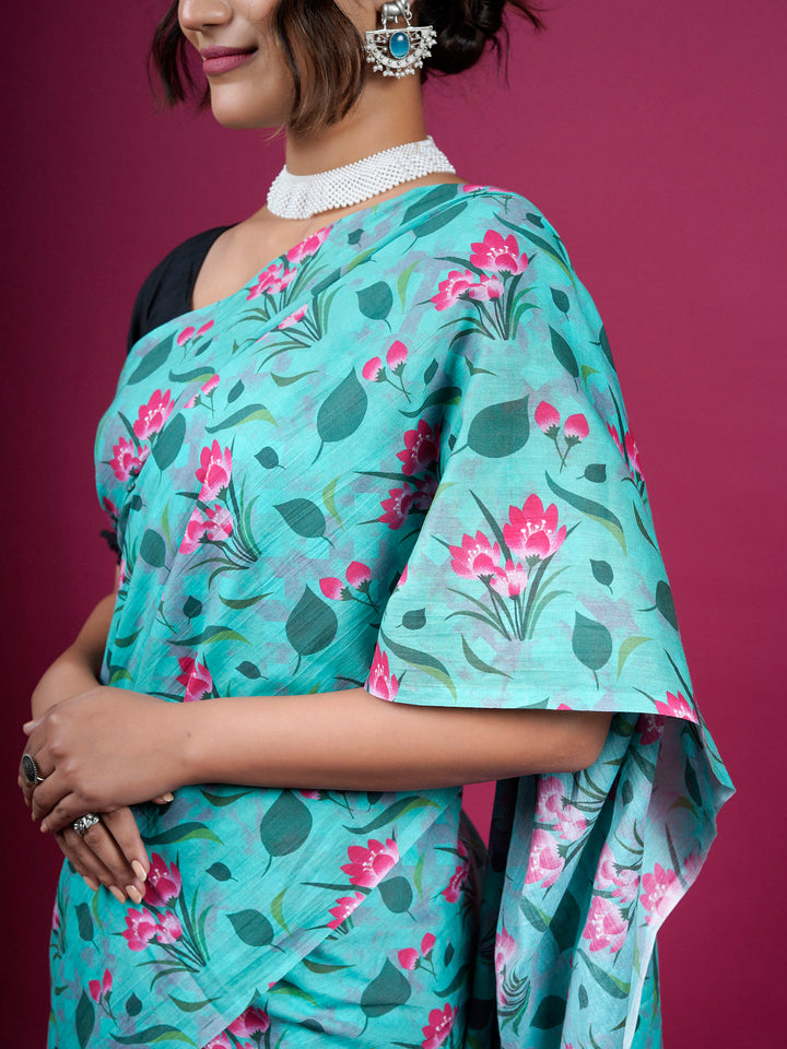 Buta Buti Floral Printed Cotton Saree With Tassels Embellishment