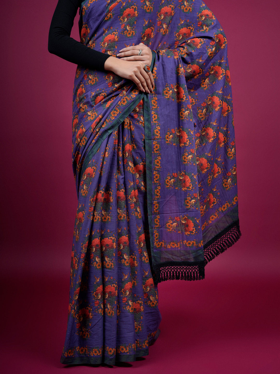 Buta Buti Botanical Floral Printed Cotton Saree With Tassels Embellishment