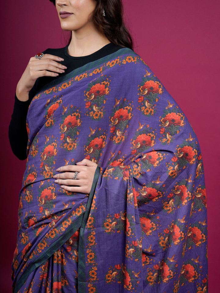 Buta Buti Botanical Floral Printed Cotton Saree With Tassels Embellishment