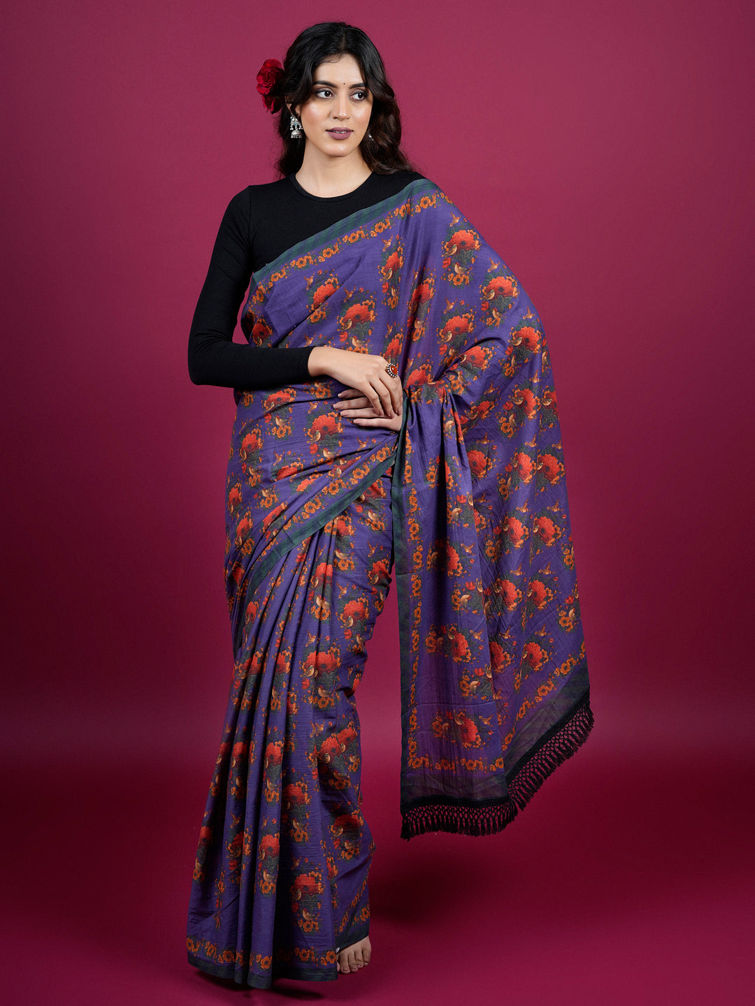 Buta Buti Botanical Floral Printed Cotton Saree With Tassels Embellishment