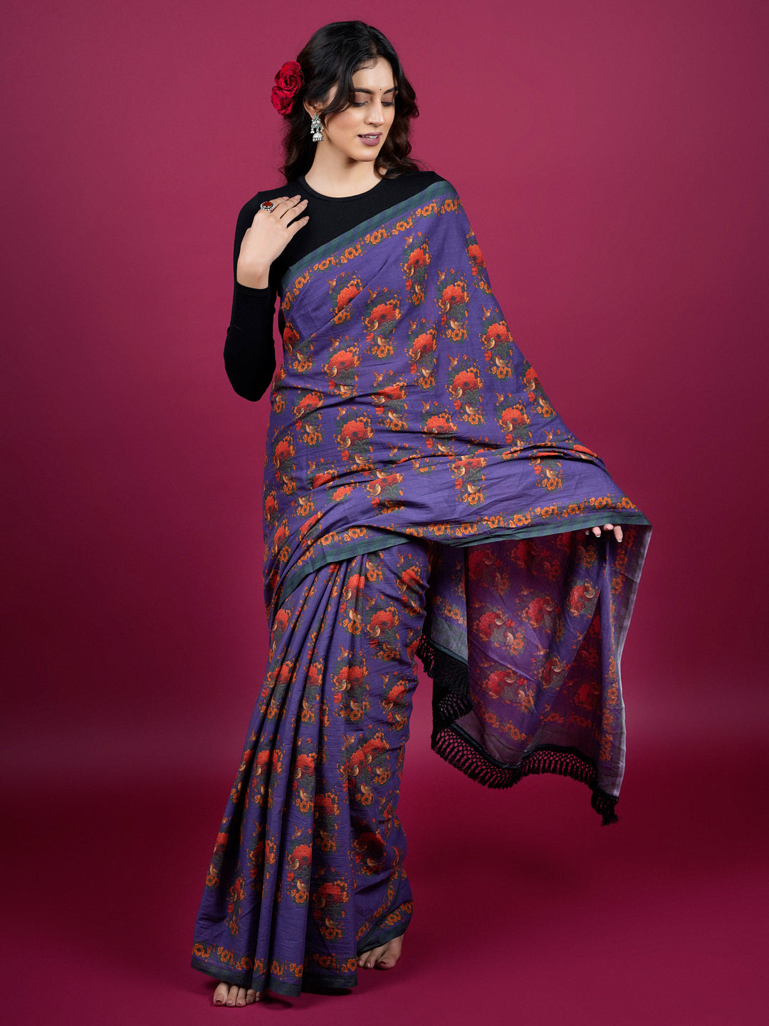 Buta Buti Botanical Floral Printed Cotton Saree With Tassels Embellishment