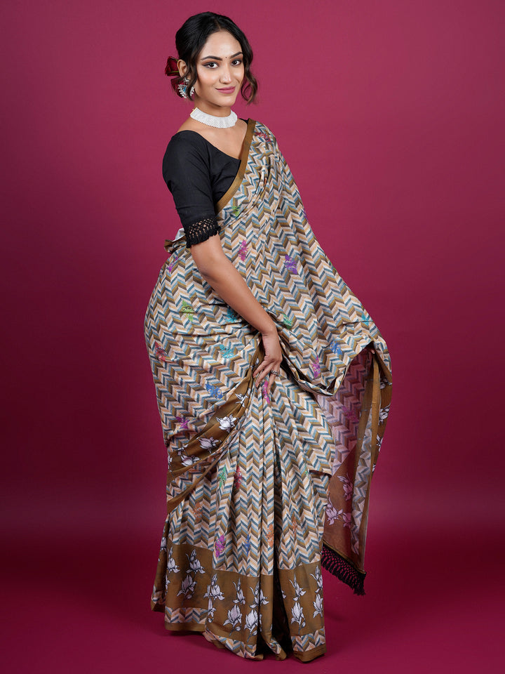 Buta Buti Zig Zag Printed Floral Cotton Saree With Tassels Embellishment