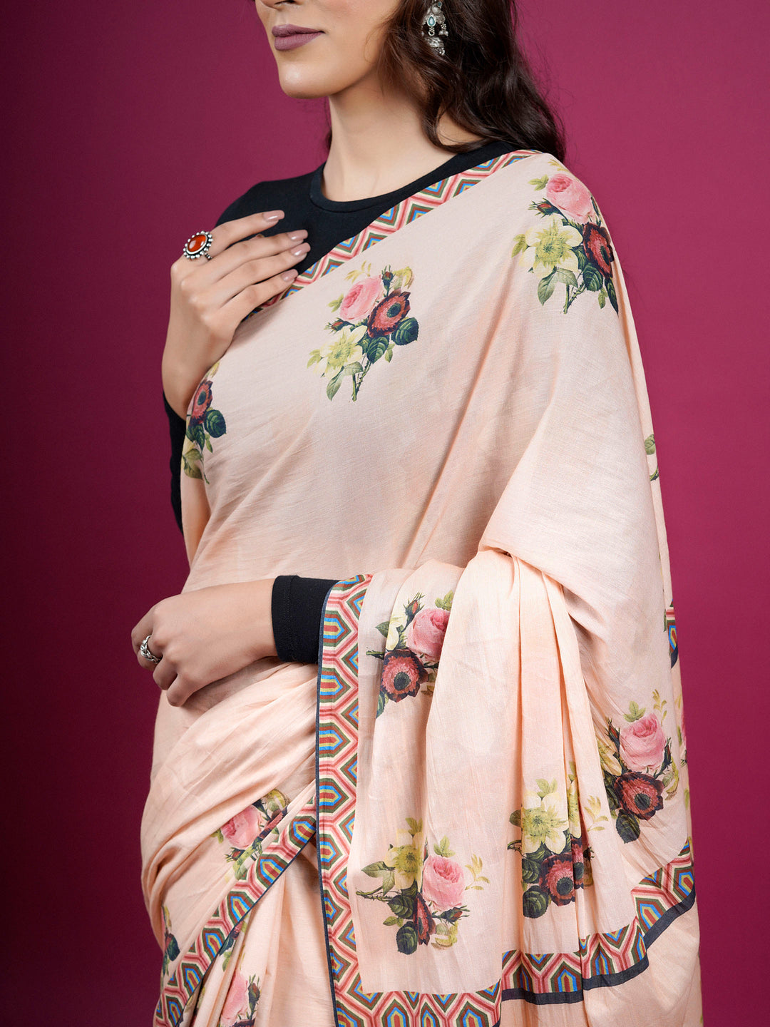 Buta Buti Botanical Floral Printed Cotton Saree With Tassels Embellishment