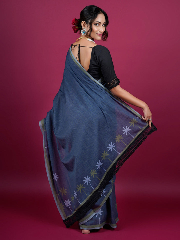 Buta Buti Botanical Printed Cotton Saree With Tassels Embellishment