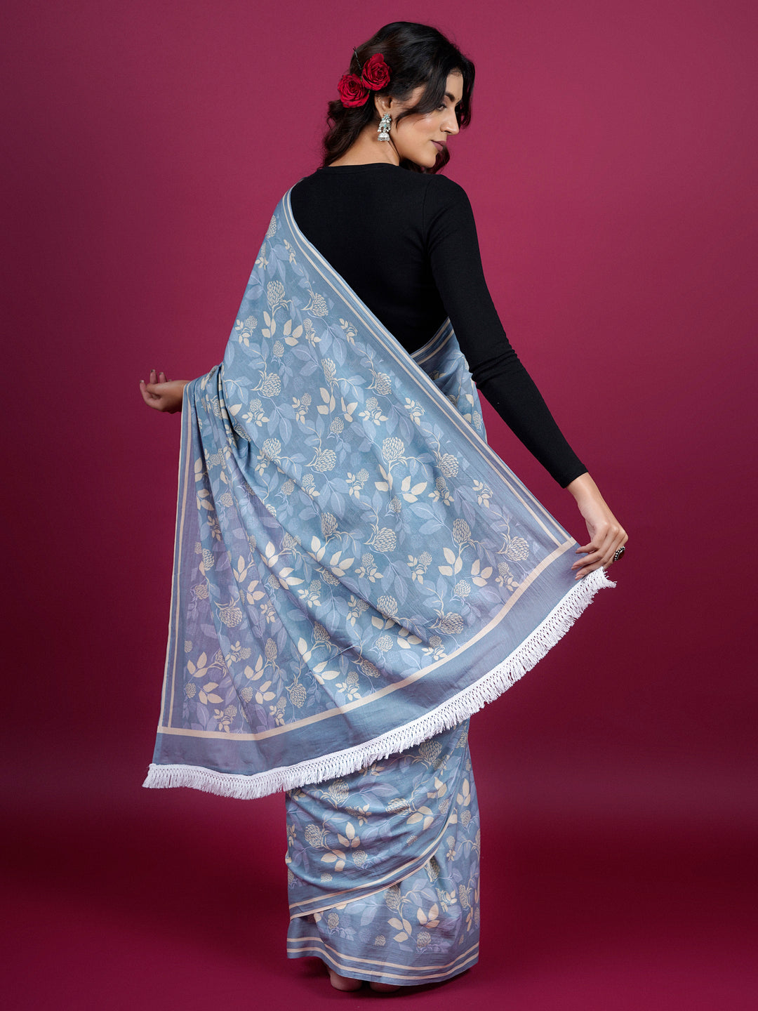 Buta Buti Floral Printed Cotton Saree With Tassels Embellishment