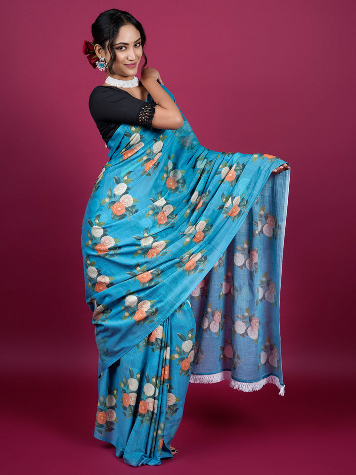 Buta Buti Botanical Printed Cotton Saree With Tassels Embellishment