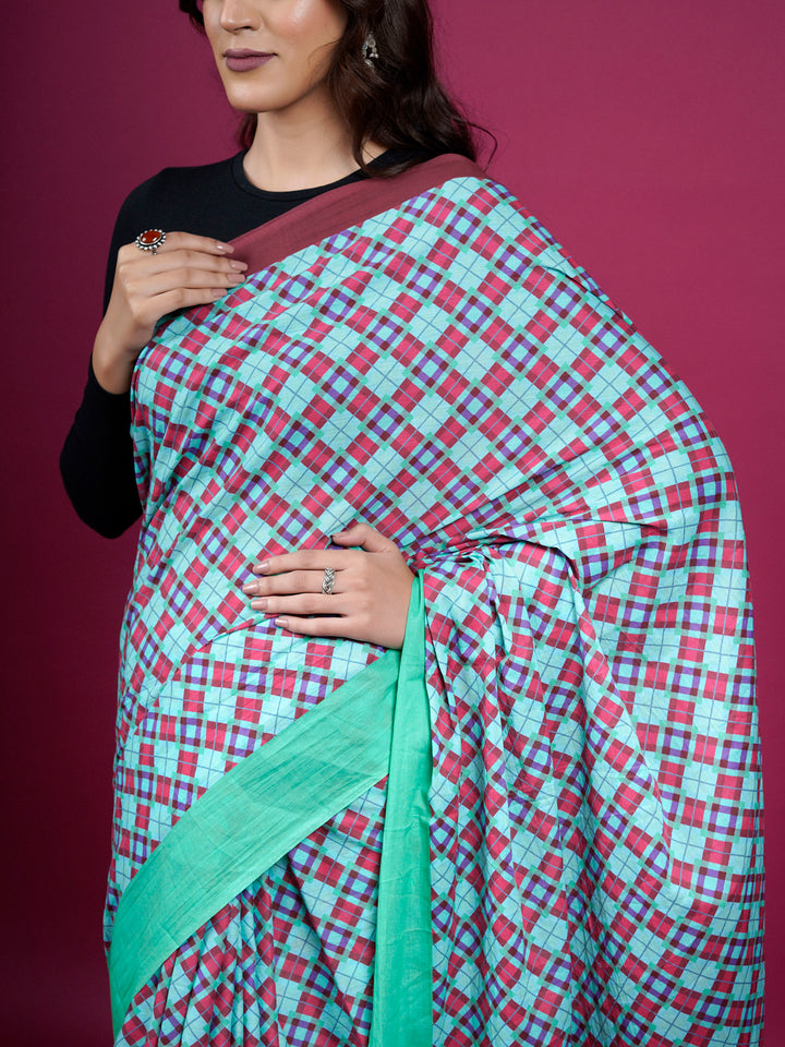 Buta Buti Checked Printed Cotton Saree With Tassels Embellishment