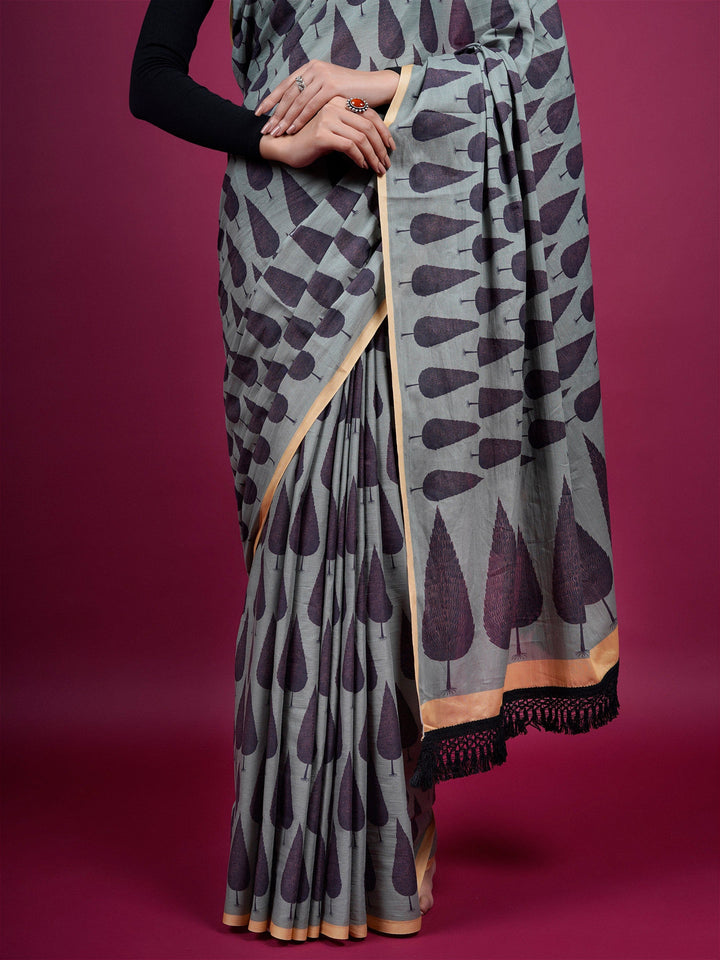 Buta Buti Botanical Printed Cotton Saree With Tassels Embellishment