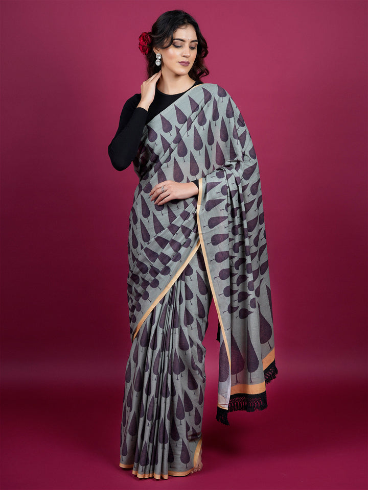 Buta Buti Botanical Printed Cotton Saree With Tassels Embellishment