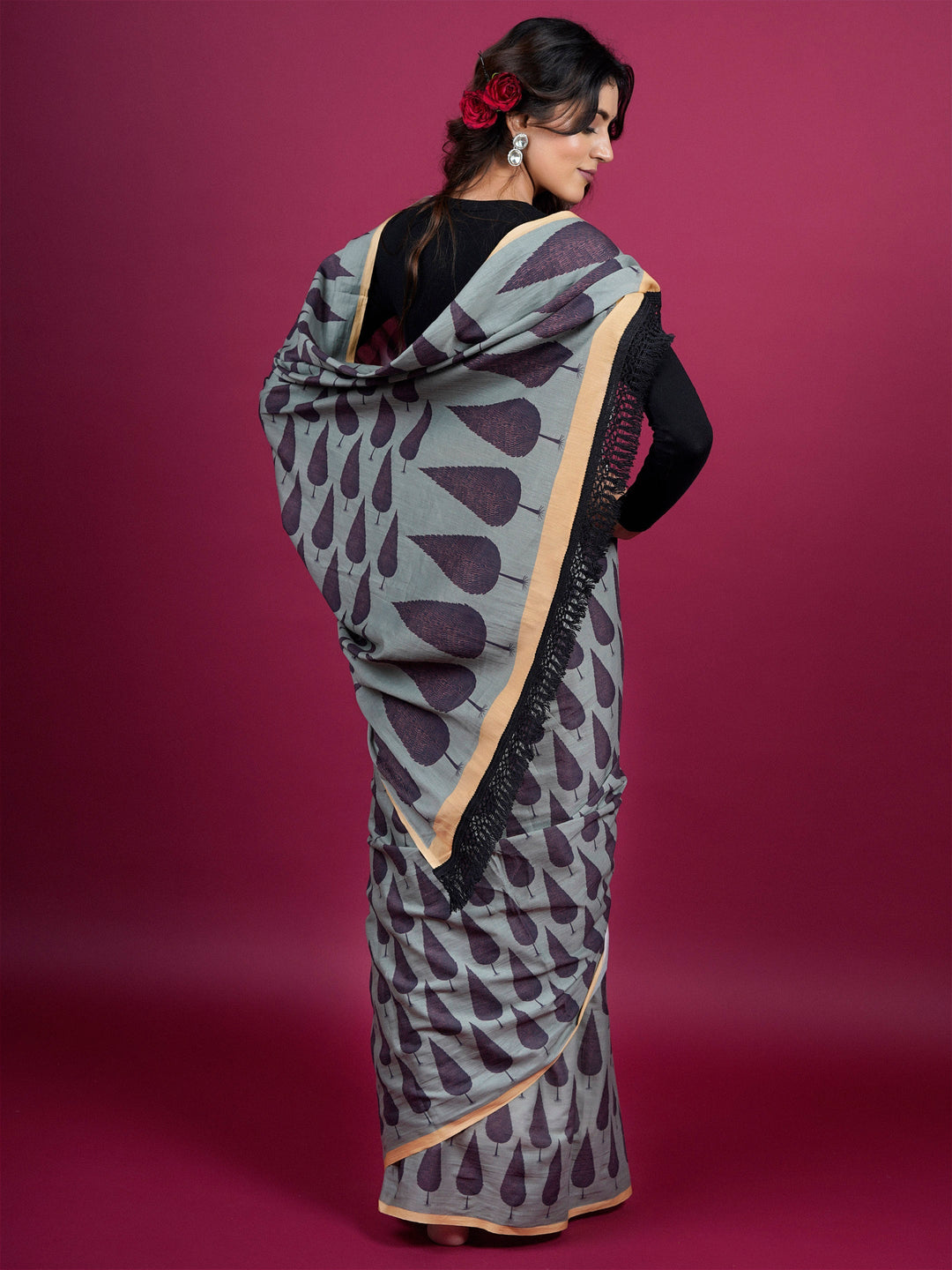 Buta Buti Botanical Printed Cotton Saree With Tassels Embellishment
