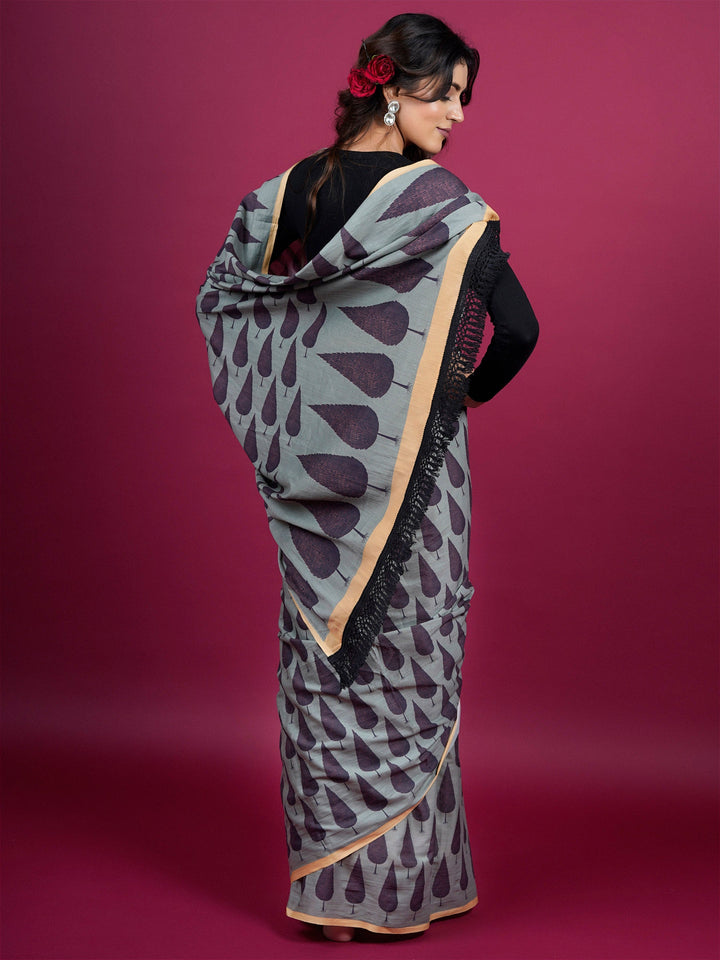 Buta Buti Botanical Printed Cotton Saree With Tassels Embellishment