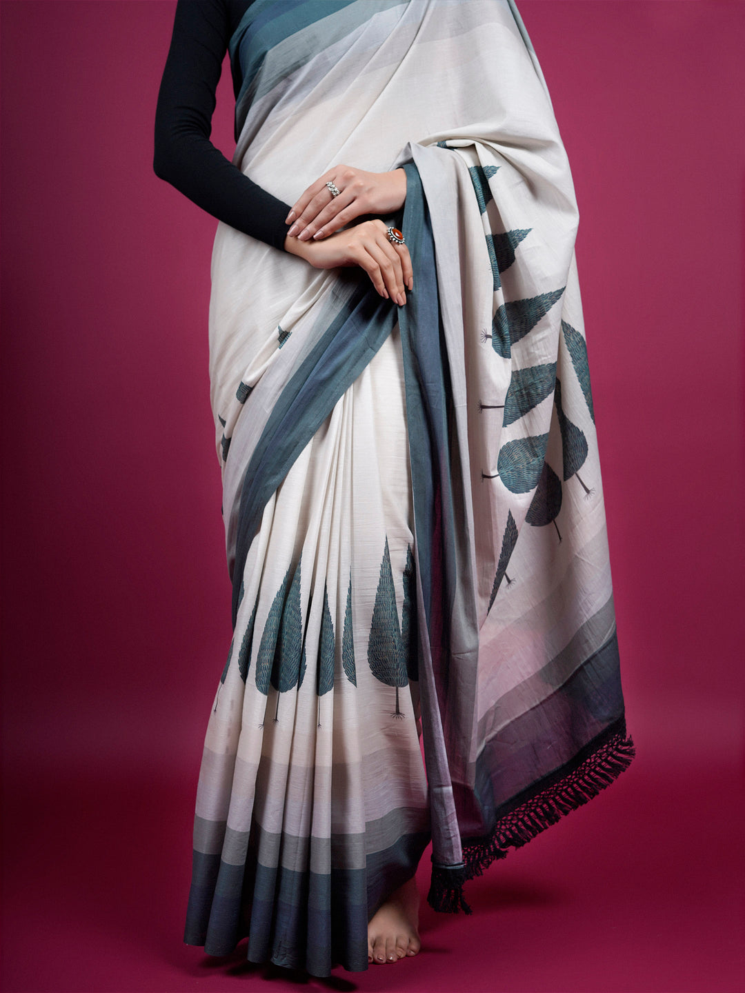 Buta Buti Botanical Printed Cotton Saree With Tassels Embellishment