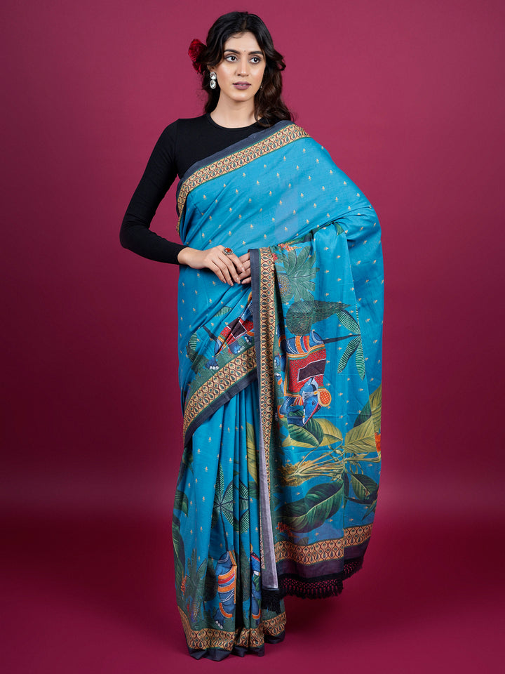 Botanical Cotton Saree, Tassel Embellished