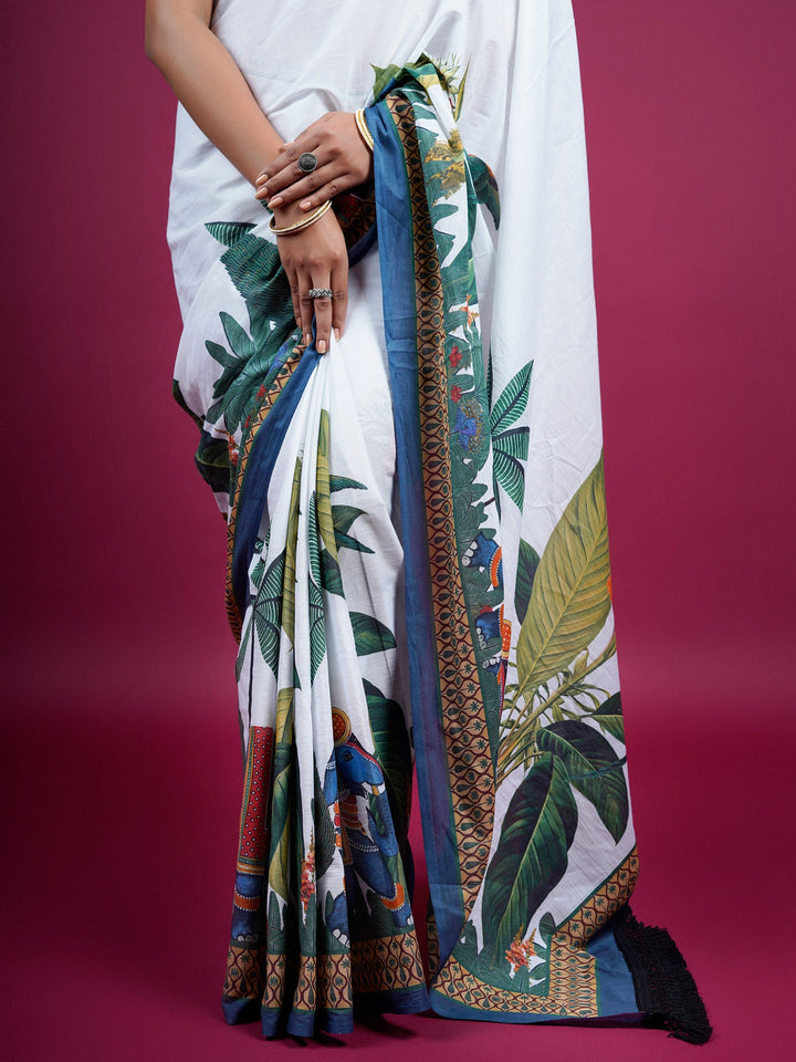 Buta Buti Botanical Printed Cotton Saree With Tassels Embellishment