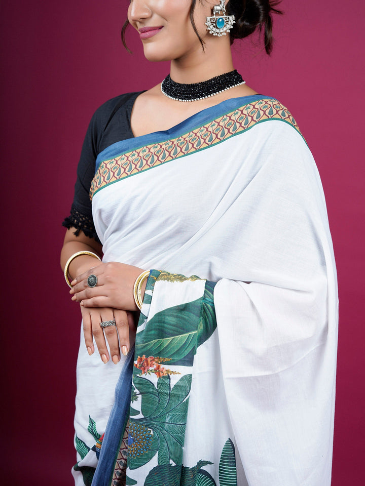 Buta Buti Botanical Printed Cotton Saree With Tassels Embellishment