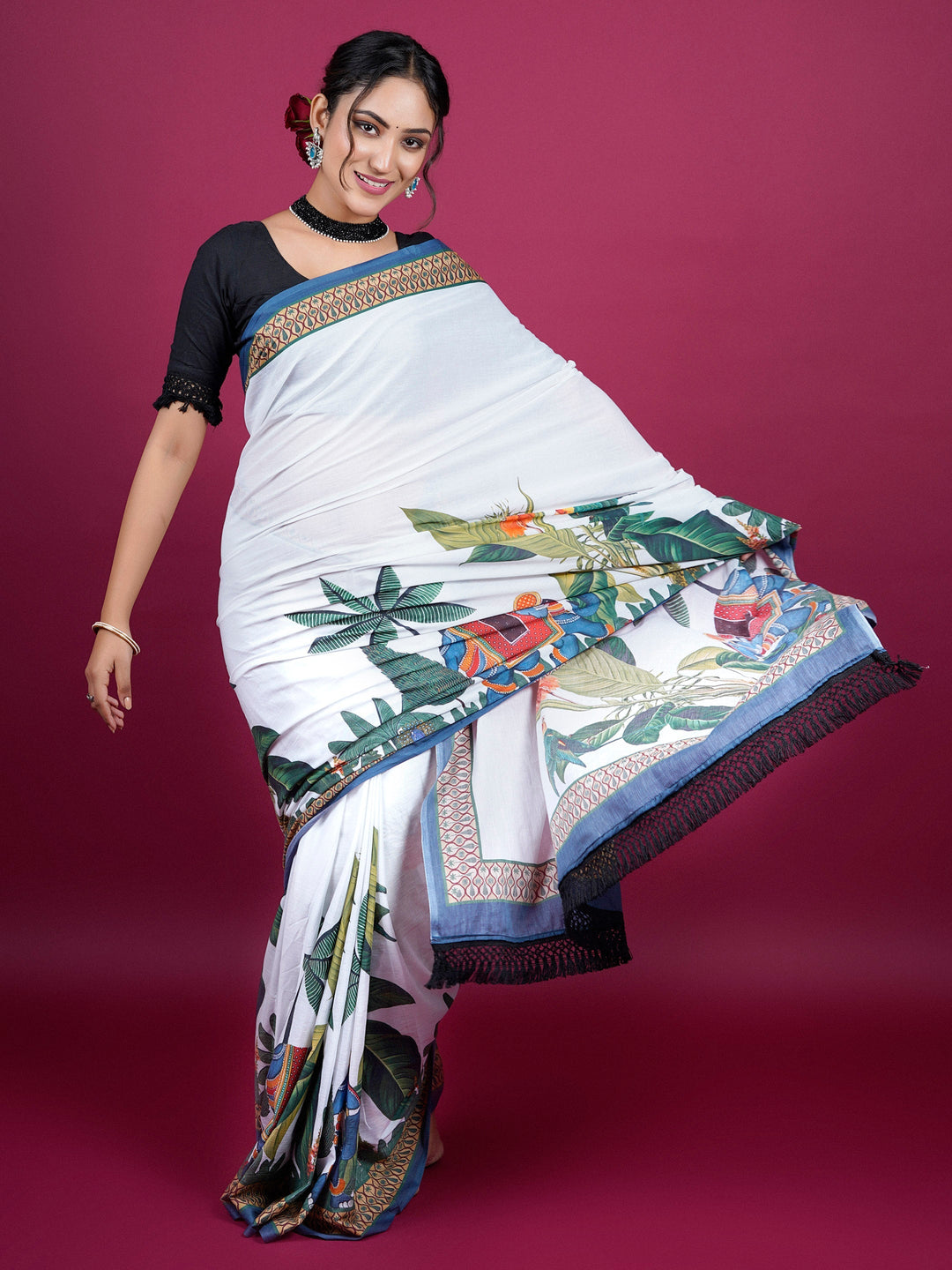 Buta Buti Botanical Printed Cotton Saree With Tassels Embellishment