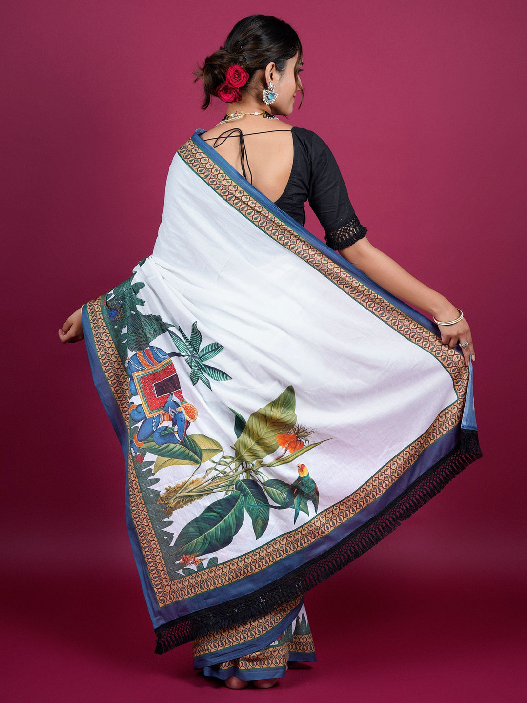 Buta Buti Botanical Printed Cotton Saree With Tassels Embellishment