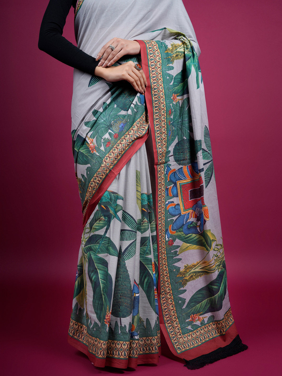 Buta Buti Botanical Printed Cotton Saree With Tassels Embellishment