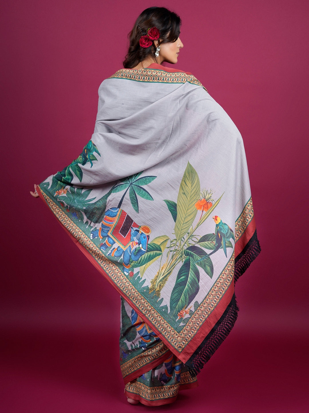 Buta Buti Botanical Printed Cotton Saree With Tassels Embellishment