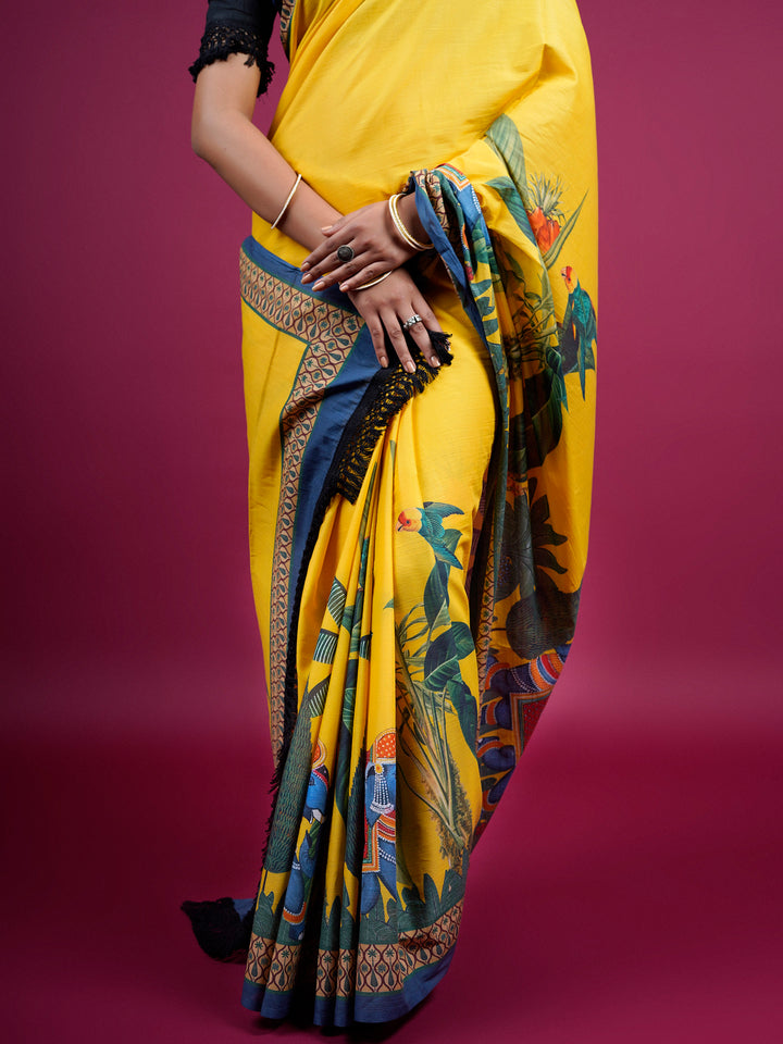 Buta Buti Botanical Printed Cotton Saree With Tassels Embellishment