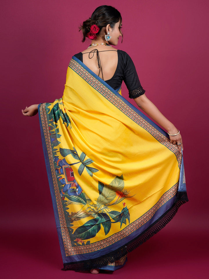 Buta Buti Botanical Printed Cotton Saree With Tassels Embellishment
