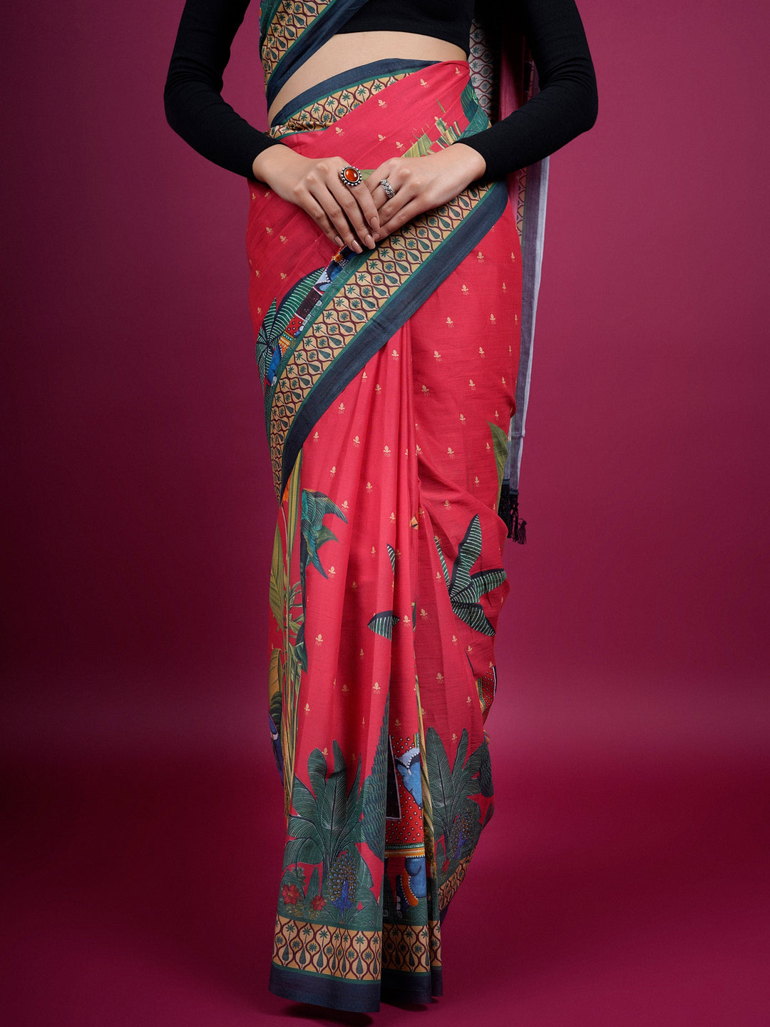 Buta Buti Botanical Printed Cotton Saree With Tassels Embellishment