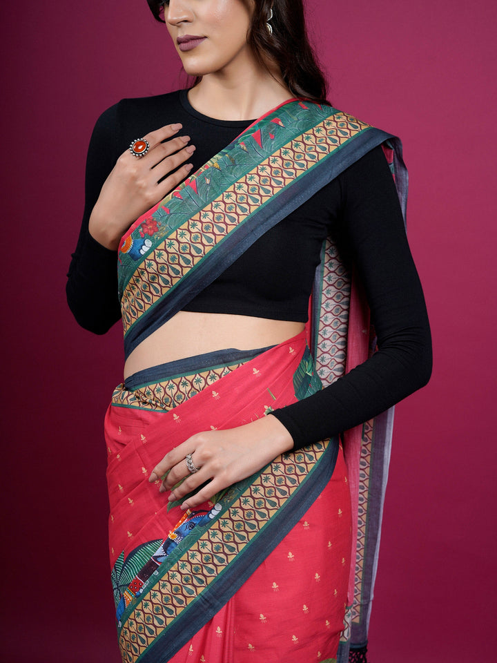 Buta Buti Botanical Printed Cotton Saree With Tassels Embellishment