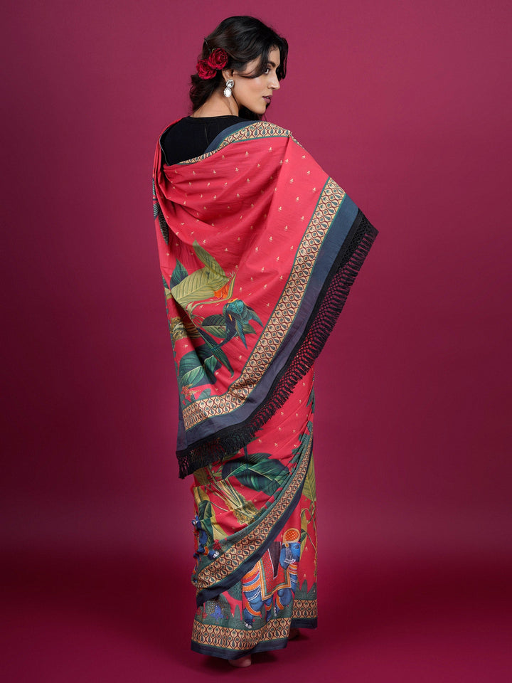 Buta Buti Botanical Printed Cotton Saree With Tassels Embellishment