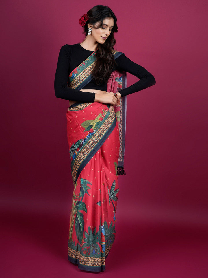 Buta Buti Botanical Printed Cotton Saree With Tassels Embellishment