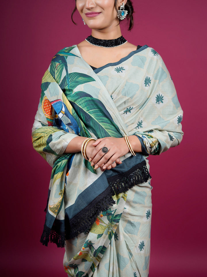 Buta Buti Botanical Printed Cotton Saree With Tassels Embellishment