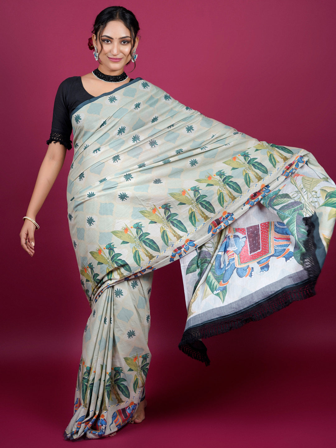 Buta Buti Botanical Printed Cotton Saree With Tassels Embellishment