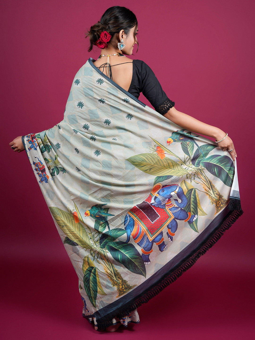 Buta Buti Botanical Printed Cotton Saree With Tassels Embellishment