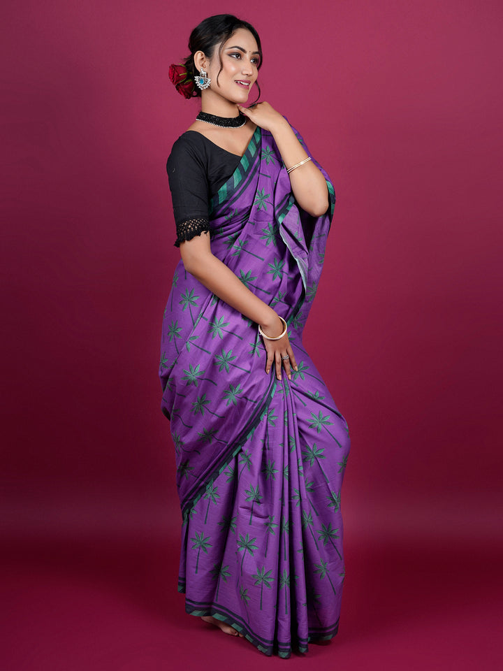 Buta Buti Botanical Printed Cotton Saree With Tassels Embellishment