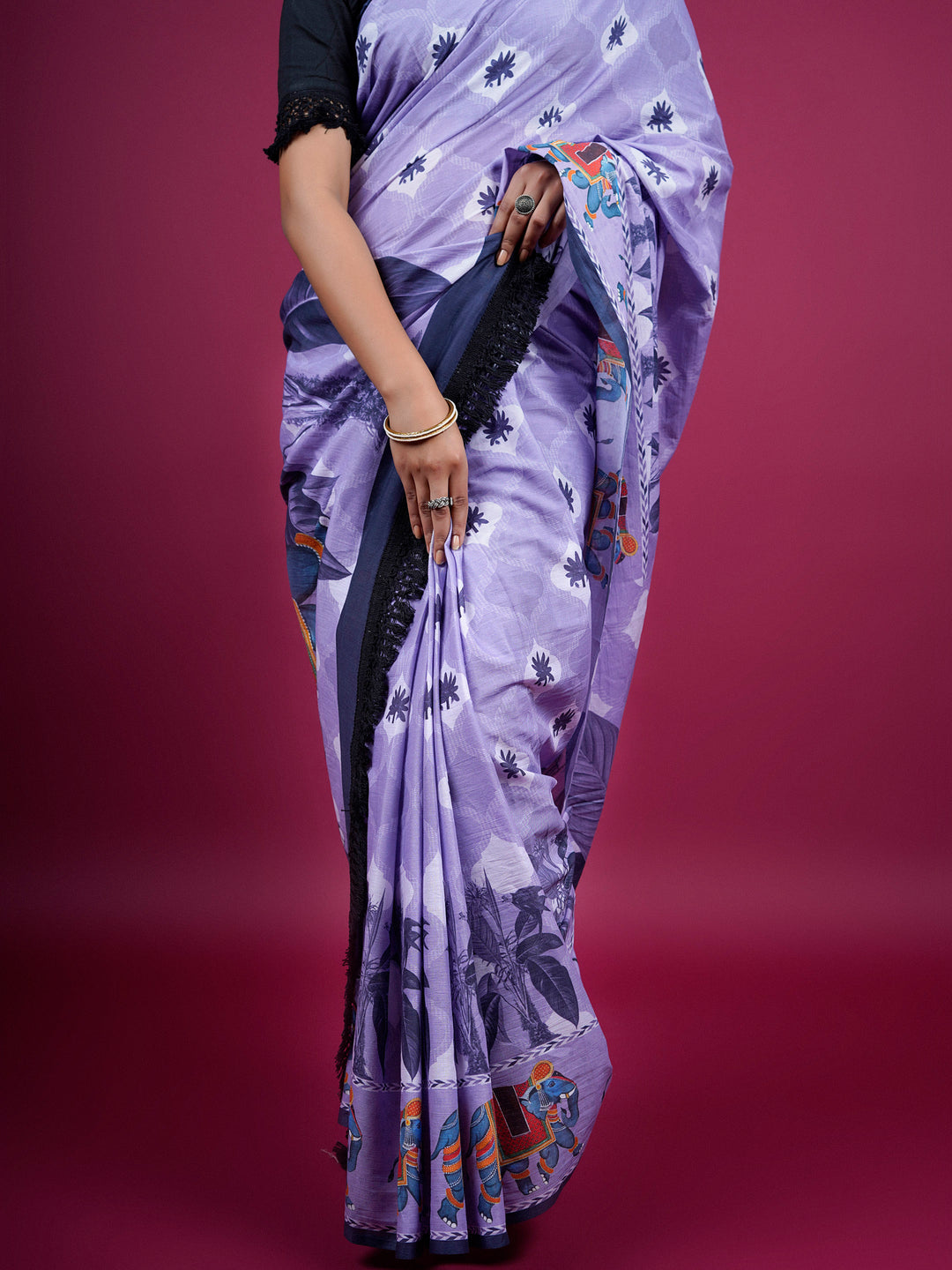 Buta Buti Botanical Printed Cotton Saree With Tassels Embellishment