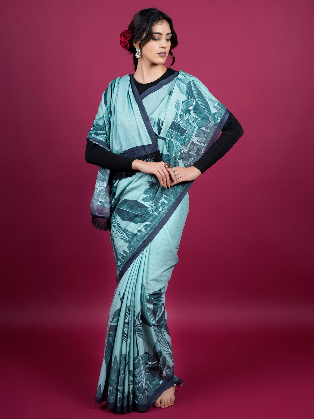 Buta Buti Botanical Printed Cotton Saree With Tassels Embellishment